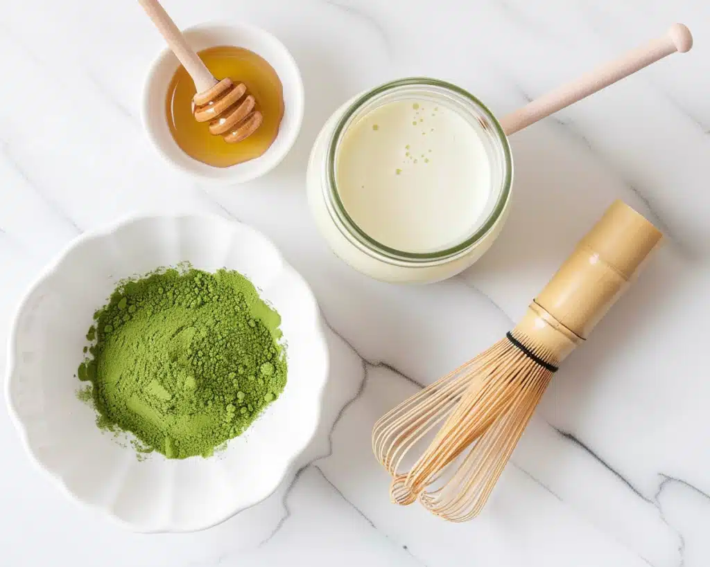 Flat lay of matcha powder, milk, honey, and whisk
