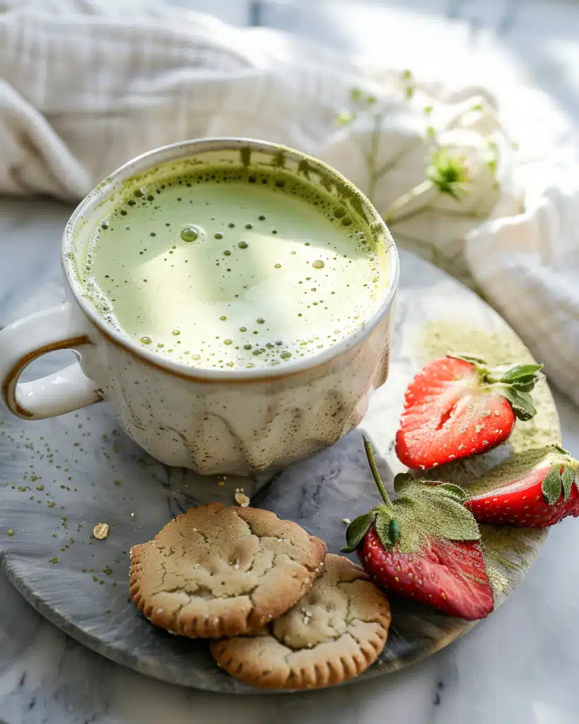 Matcha latte with strawberries and oat cookies on wooden tray