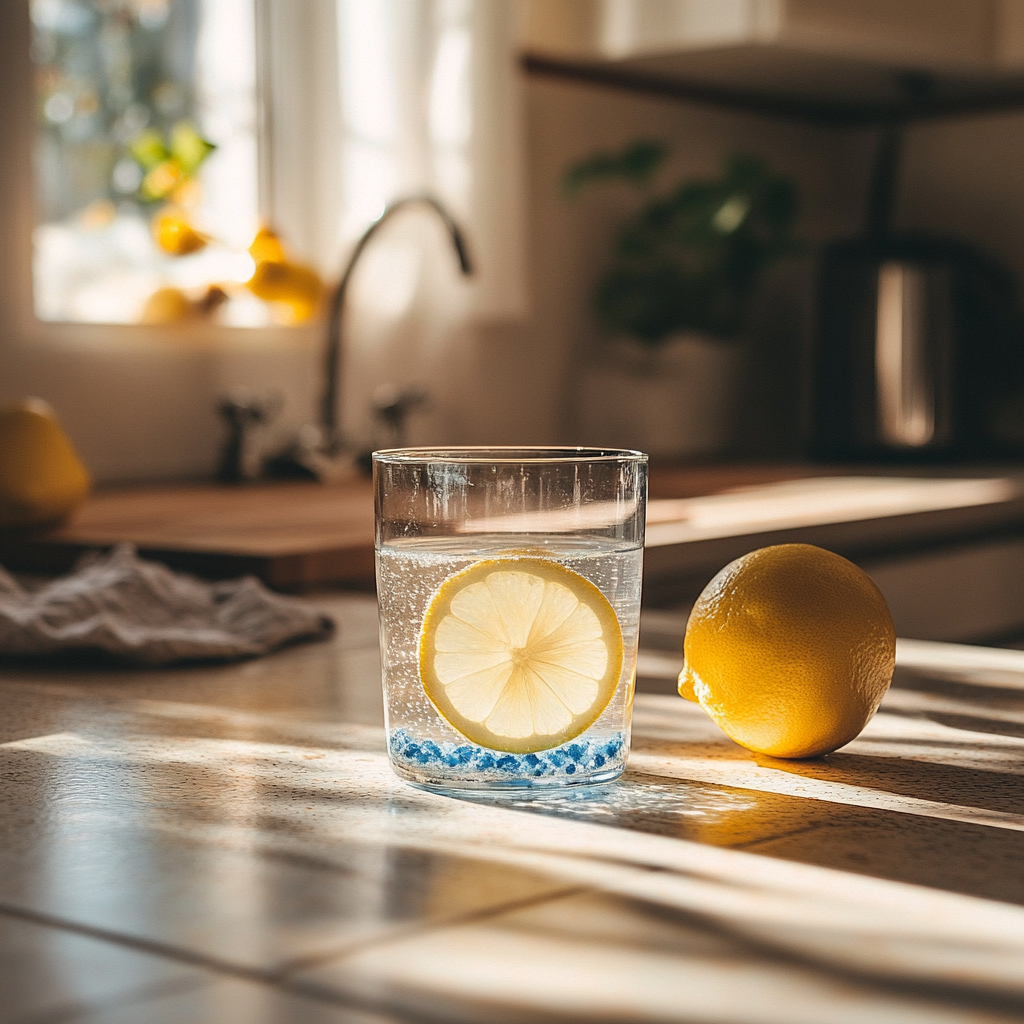 mixing blue salt with lemon water