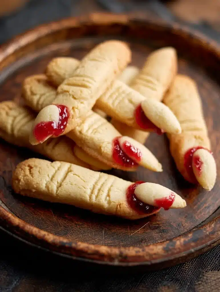 Creepy breadsticks shaped like bloody fingers with almond nails.
