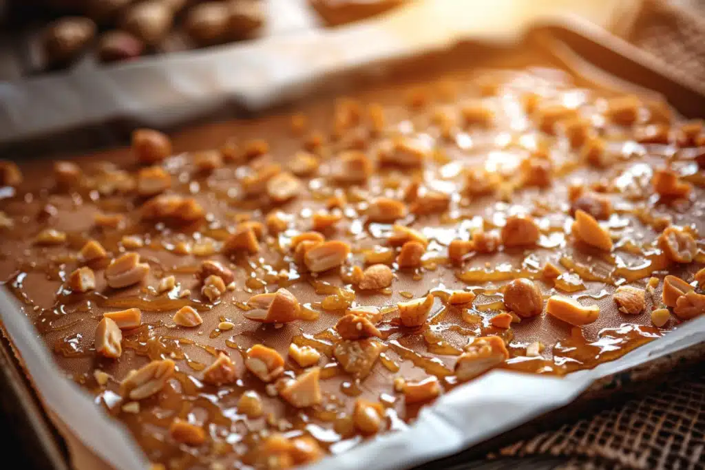 Keto peanut brittle cooling on parchment