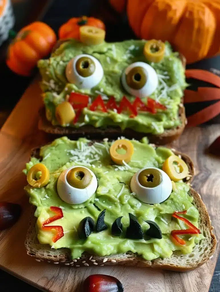 Frankenstein avocado toast decorated with olive eyes and cheese hair.
