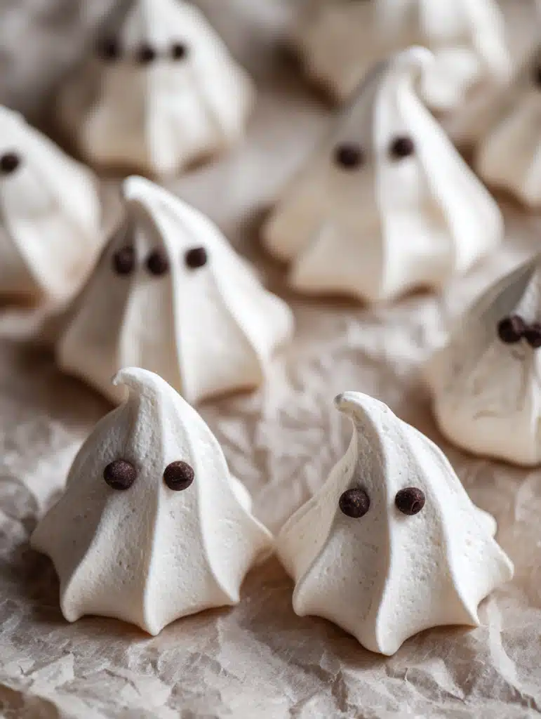 White ghost-shaped meringue cookies with chocolate chip eyes.
