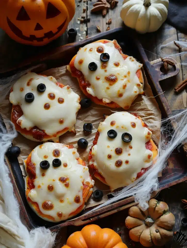 Ghost-shaped mini pizzas with mozzarella cheese and black olive eyes.