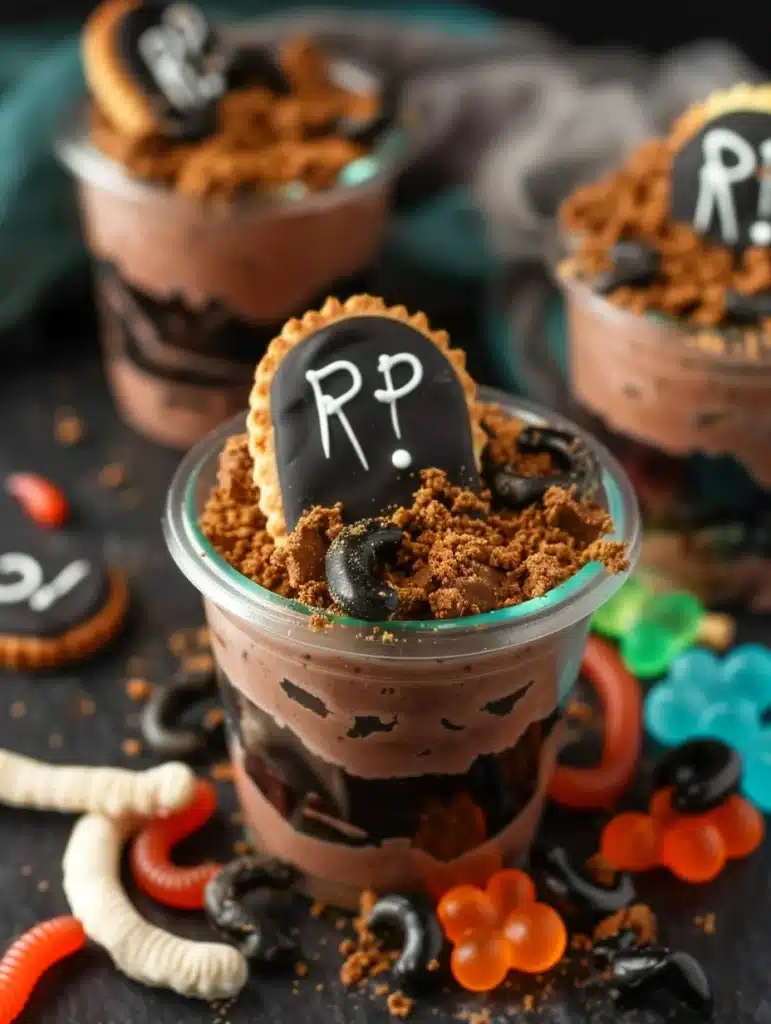 Chocolate pudding dirt cups topped with cookie tombstones that say RIP.