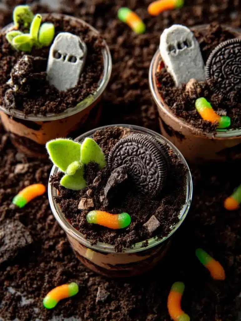 Chocolate pudding dirt cups with Oreo crumbs, cookie tombstones, and gummy worms.