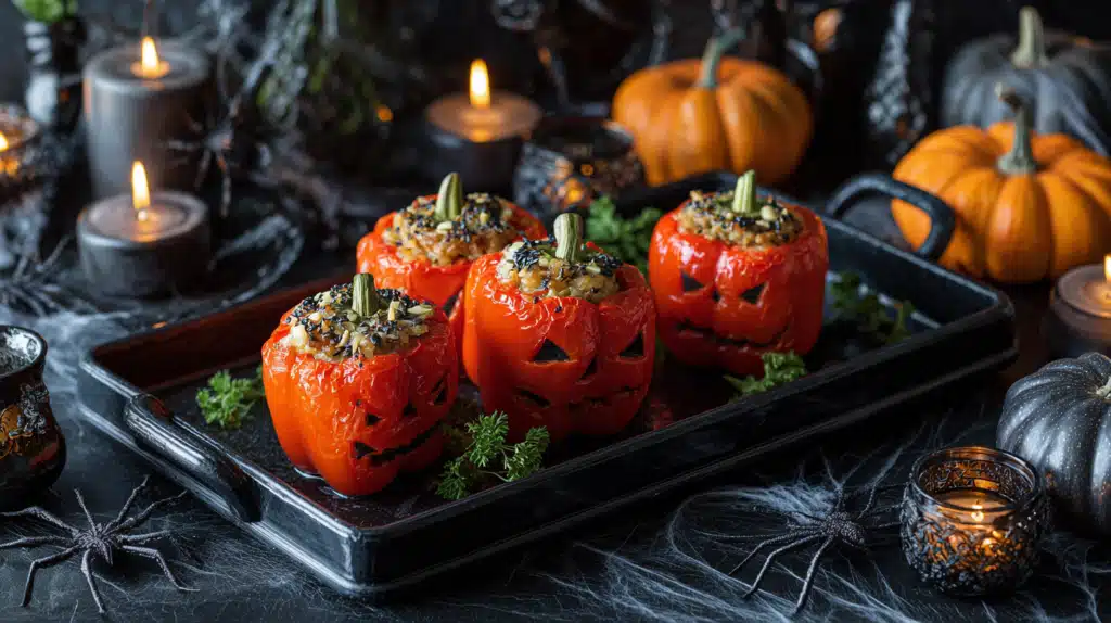 Halloween served plate of jack-o-lantern stuffed peppers