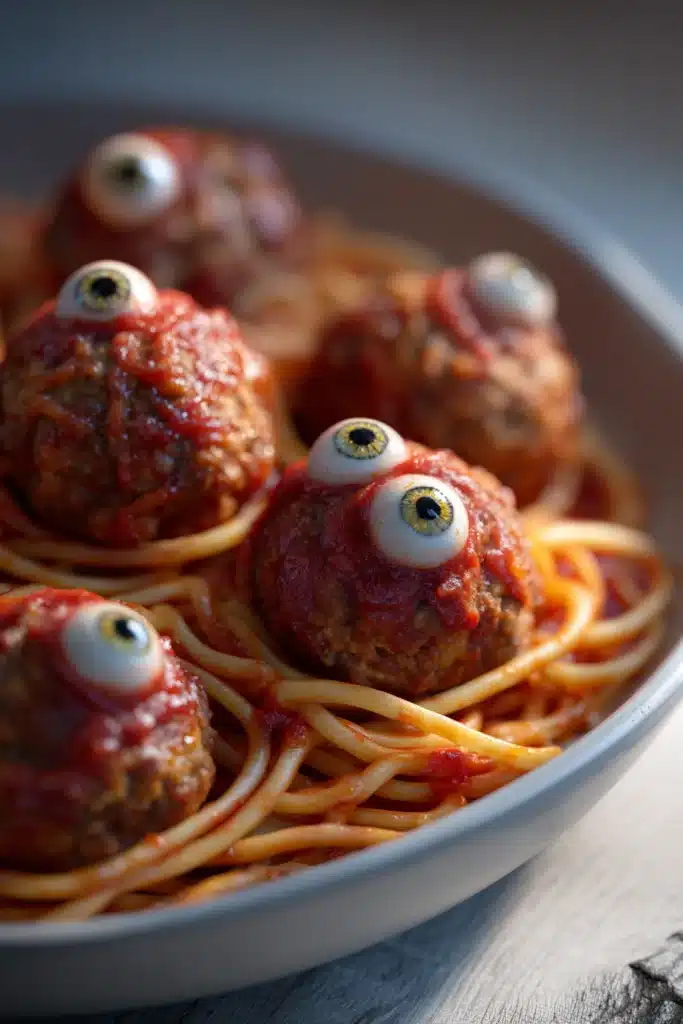 Halloween monster eyeball meatballs served on spaghetti with marinara sauce.