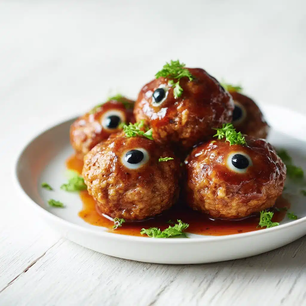 Clean recipe shot of Halloween monster eyeball meatballs on a white plate.