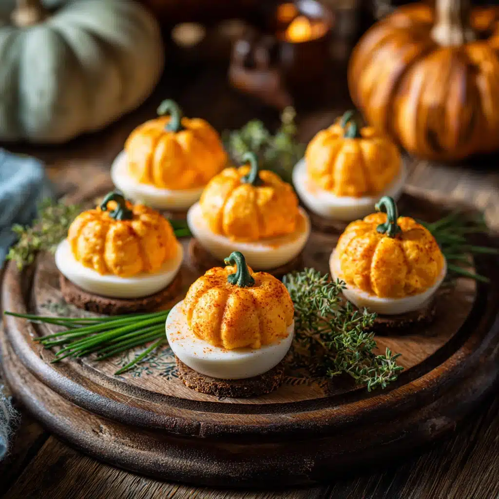 Family-style platter of pumpkin deviled eggs for Halloween party