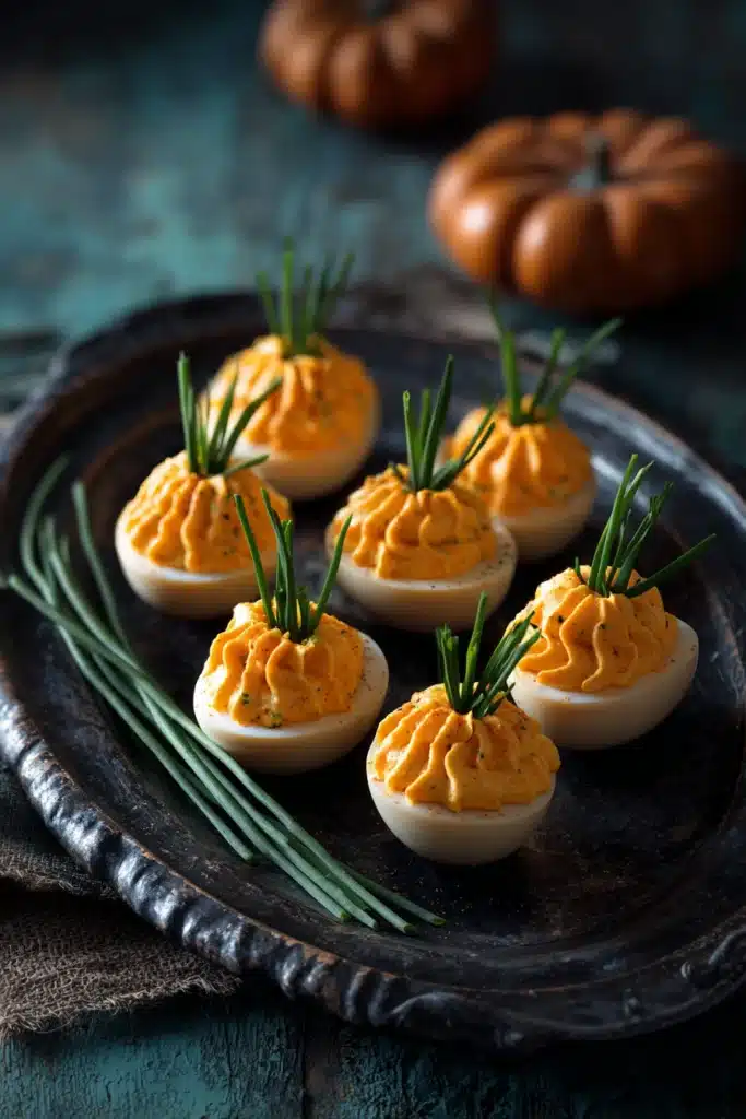 Spooky-style pumpkin deviled eggs served on a dark rustic tray