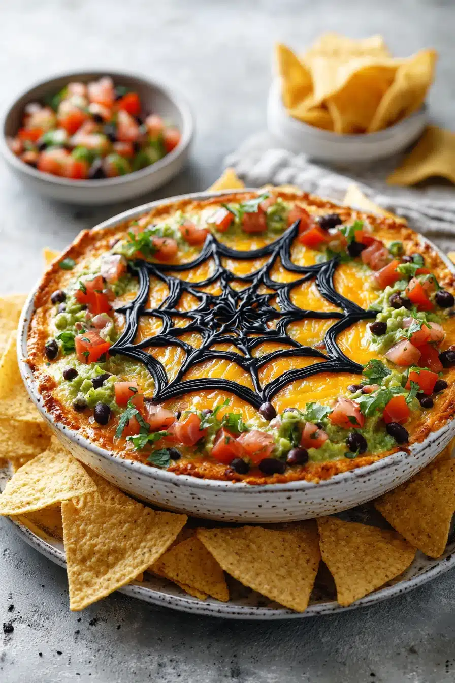 Halloween Spider Web Dip centerpiece on decorated party table