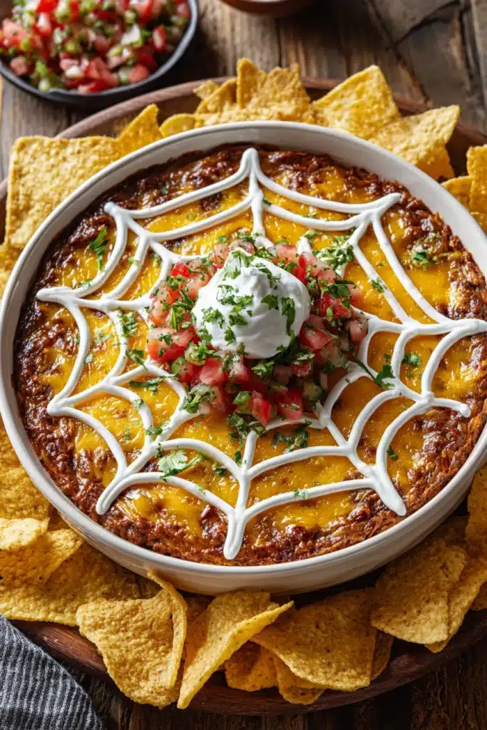 Halloween Spider Web Dip single serving with tortilla chip scooping layers