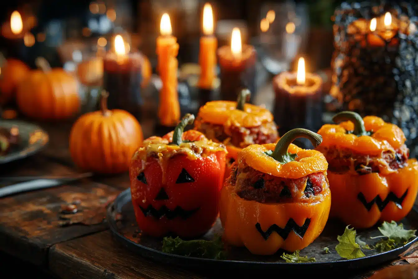Keto Jack-O’-Lantern Stuffed Peppers on Halloween Table