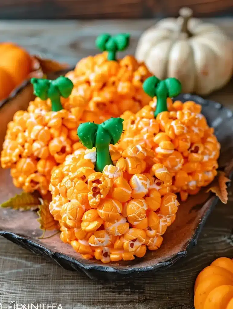 Mini pumpkin-shaped popcorn balls with green candy stems.