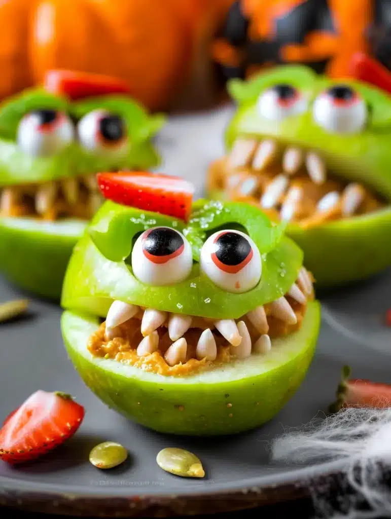 Monster apple bites with peanut butter, strawberry tongues, and candy eyes.