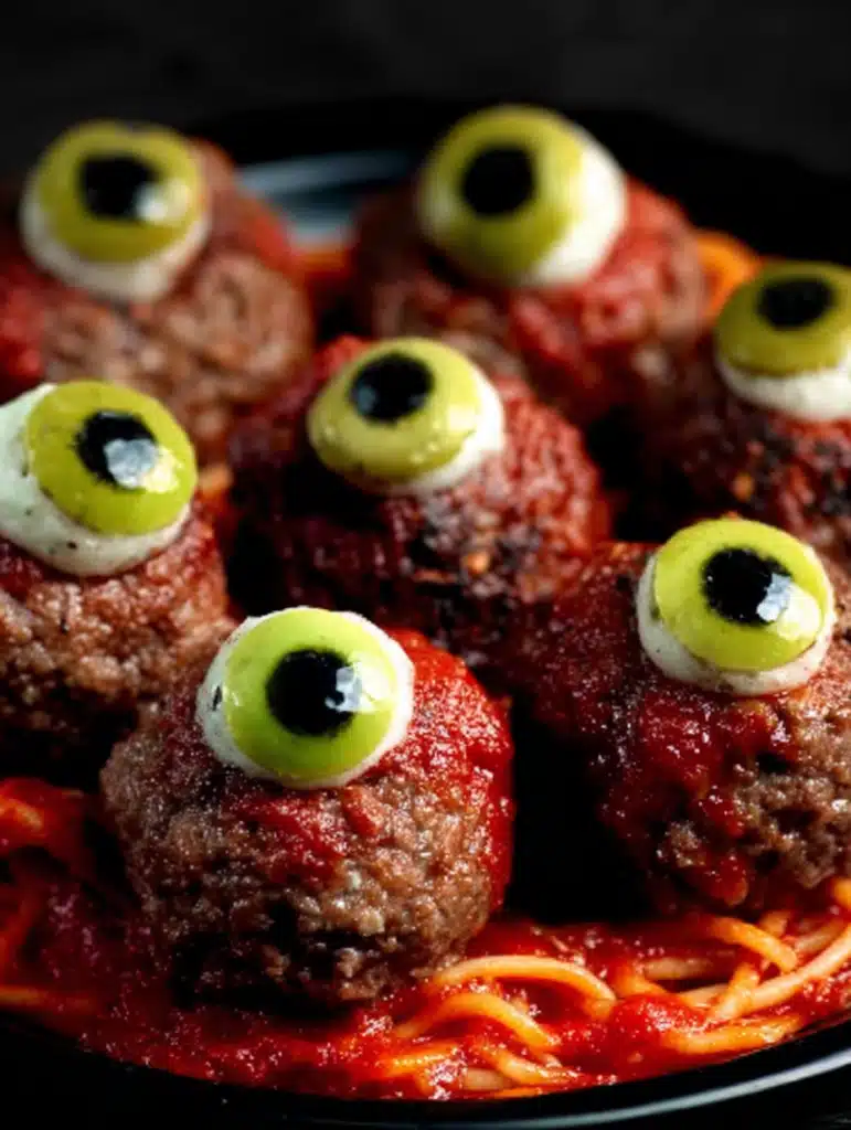 Meatballs topped with green olive eyeballs in marinara sauce.