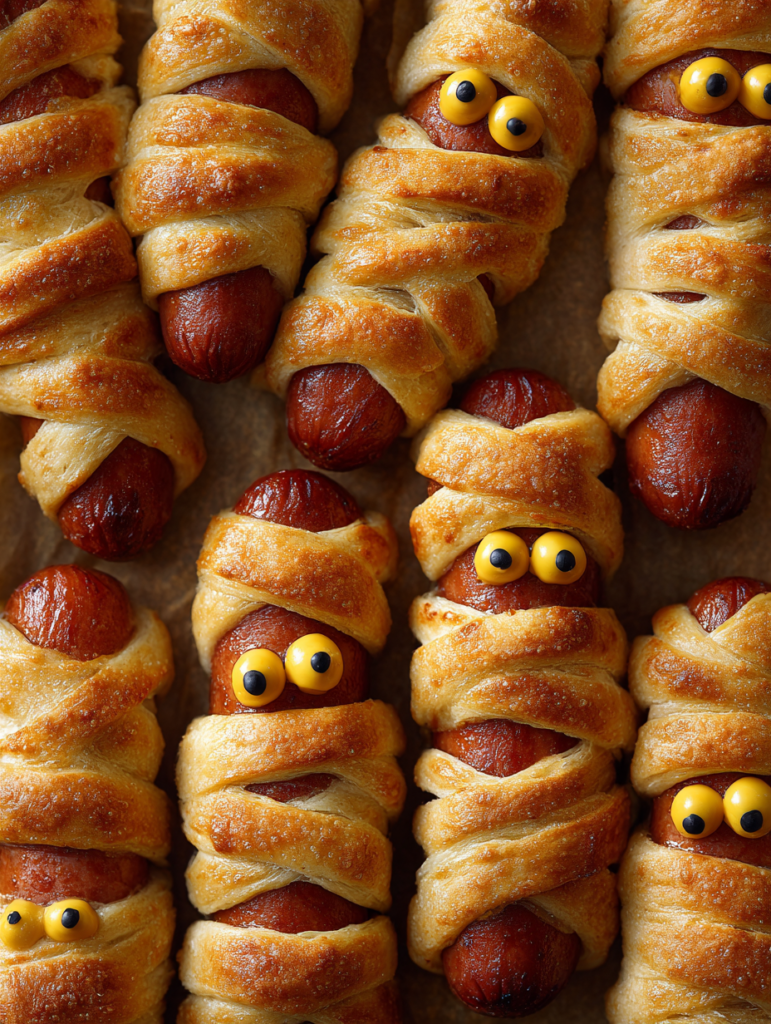 ot dogs wrapped in crescent roll dough to look like Halloween mummies.