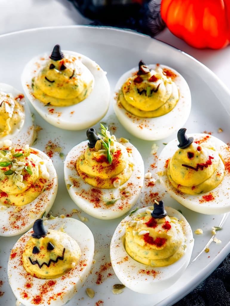Deviled eggs styled like mini pumpkins with paprika and chive stems.