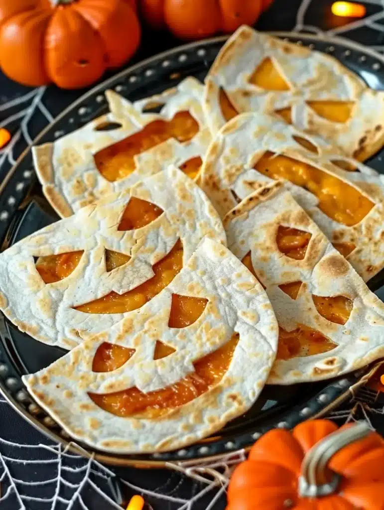 Pumpkin-shaped quesadillas with melted cheese and salsa filling.