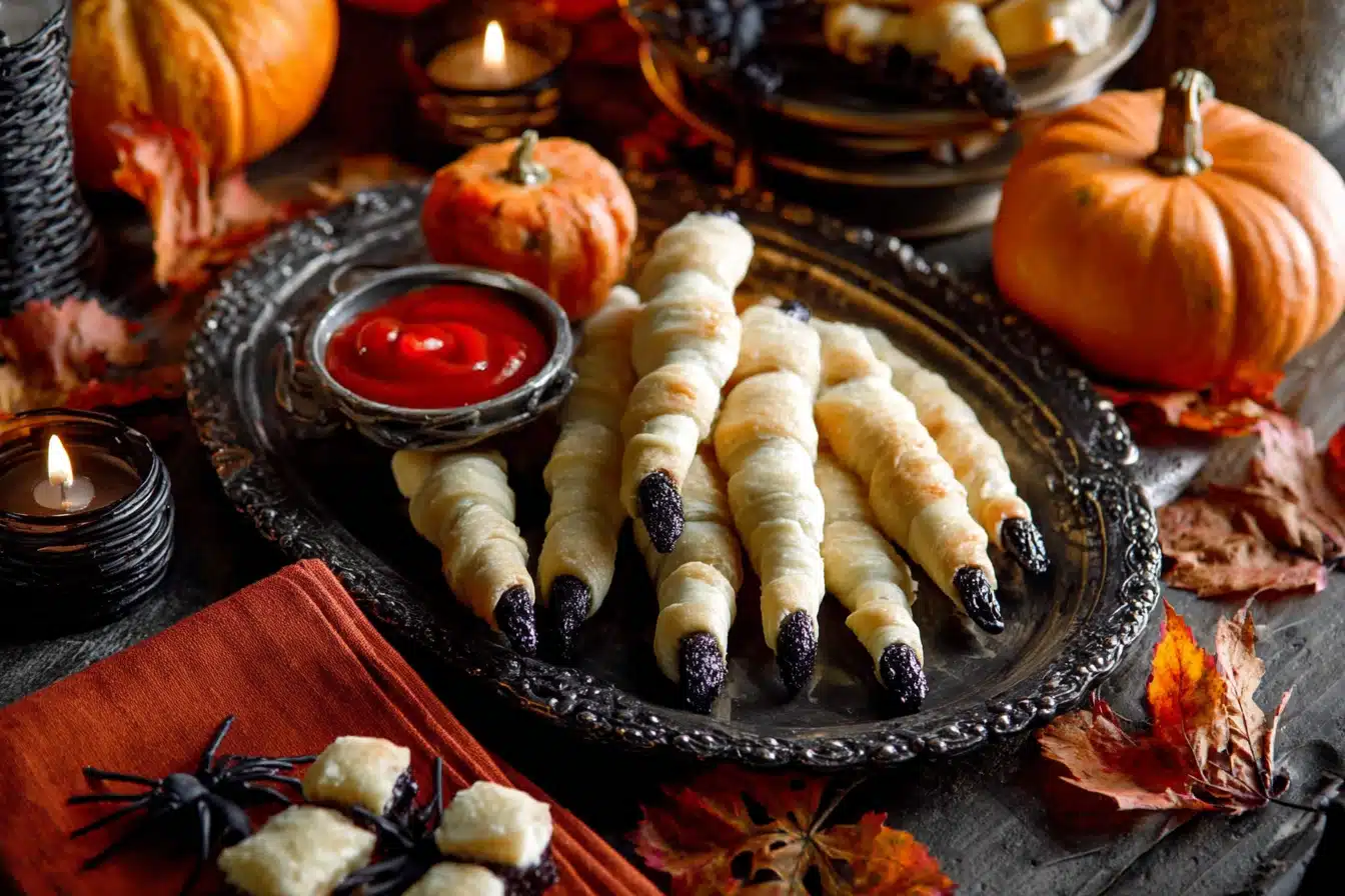 serving spooky Halloween fingers at Halloween party