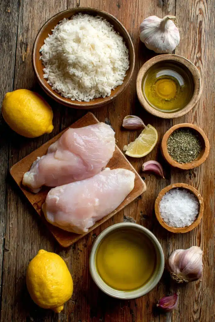Ingredients for Slow Cooker Lemon Herb Chicken and Rice including chicken, rice, lemon, garlic, onion, and herbs.