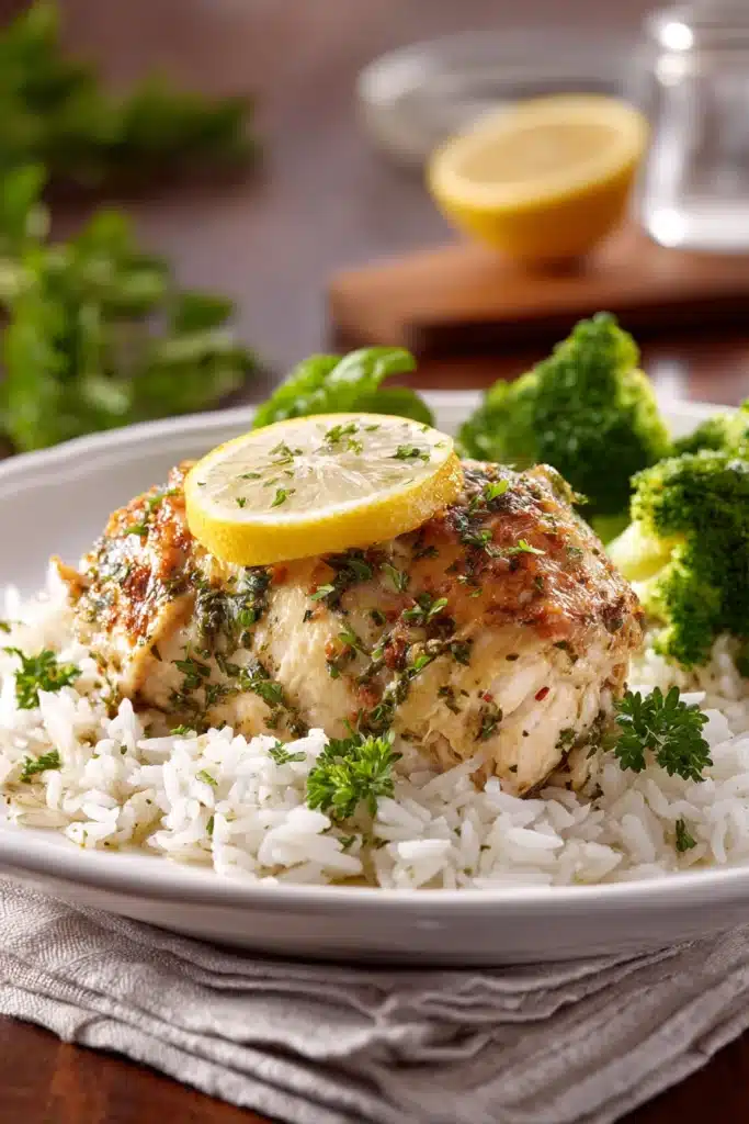 Plate of Slow Cooker Lemon Herb Chicken and Rice with a side of broccoli and lemon wedge.