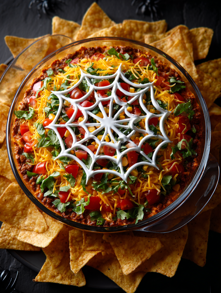 Layered taco dip decorated with a sour cream spider web design.