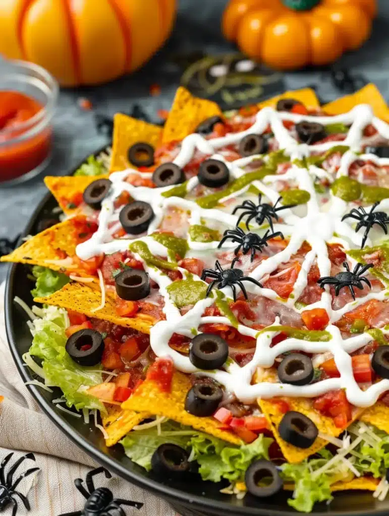 Halloween nachos with sour cream spider webs and olive spiders.