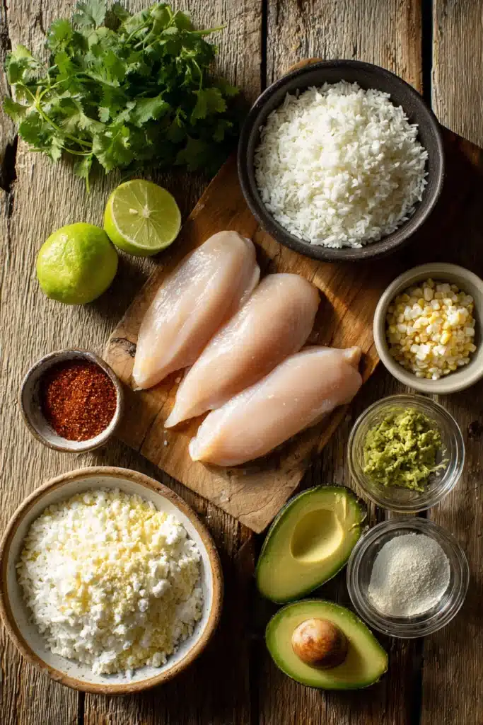 Ingredients for Street Corn Chicken Rice Bowl arranged on a table