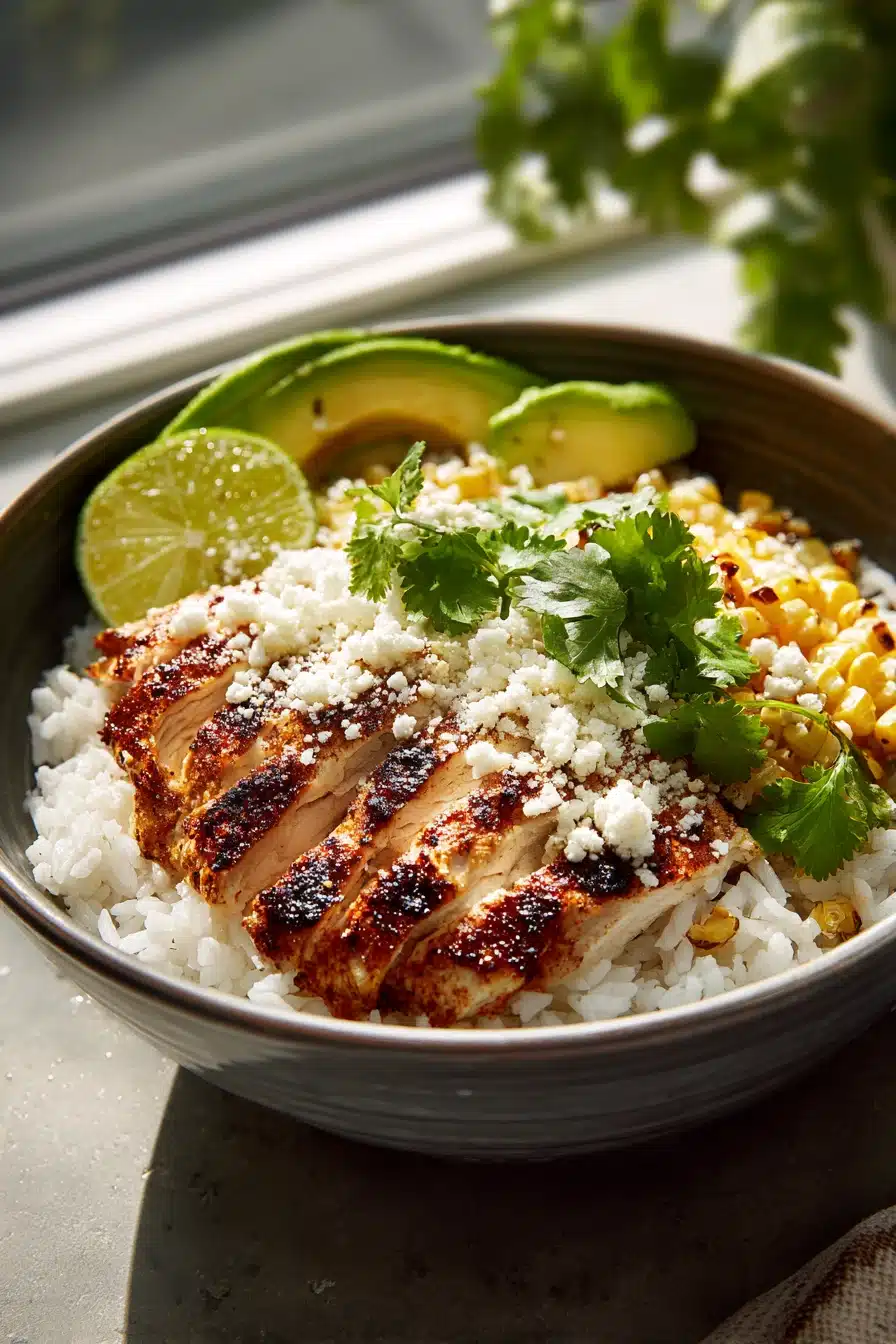 Street Corn Chicken Rice Bowls served with avocado, lime, and cilantro