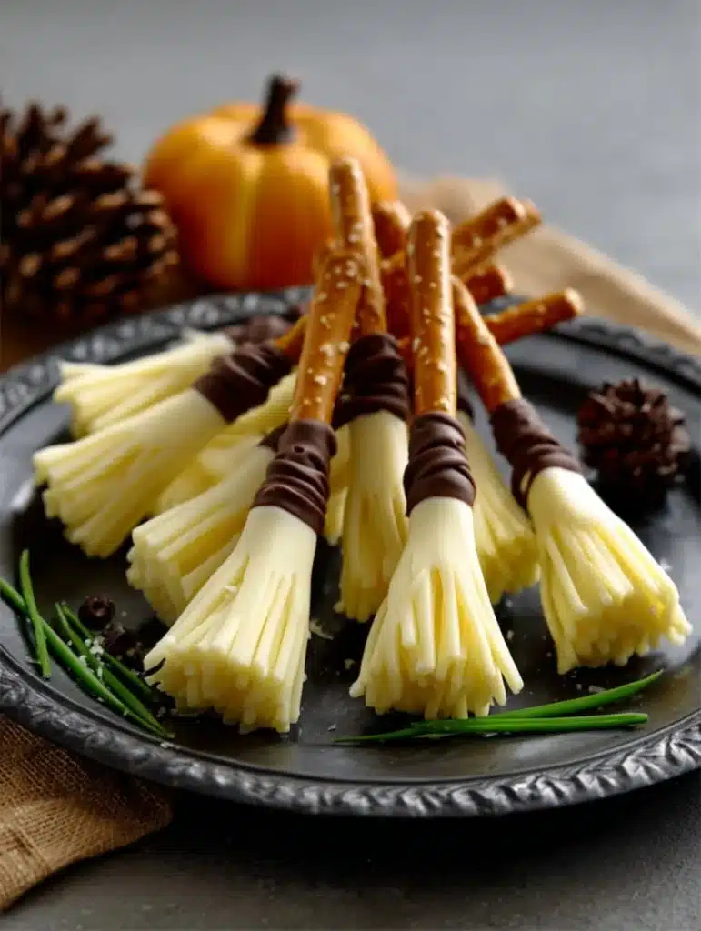 Witch broomstick cheese sticks with pretzel handles and chive ties.