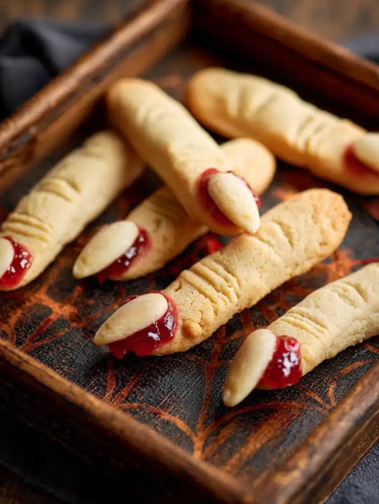 Creepy witch finger cookies with almond nails and red jam tips.