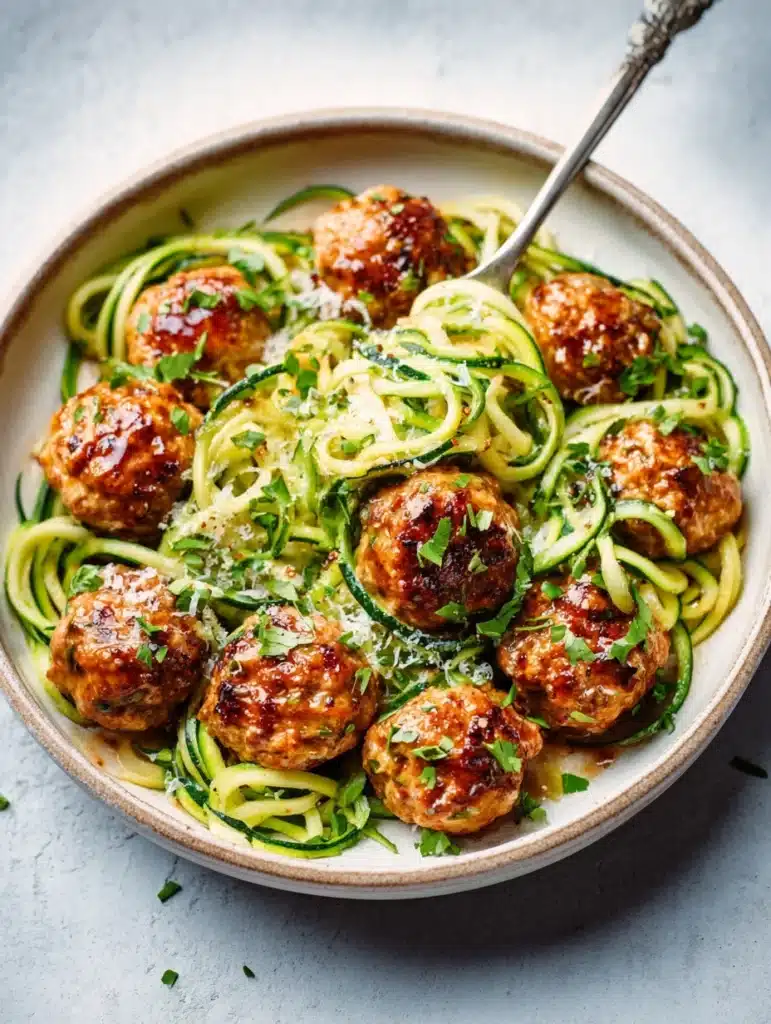 Air fryer turkey meatballs served over zucchini noodles