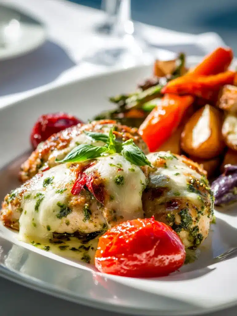 Recipe card for baked pesto chicken with mozzarella