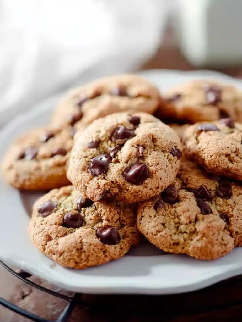 Butter-free chocolate chip cookies served with a glass of milk.
