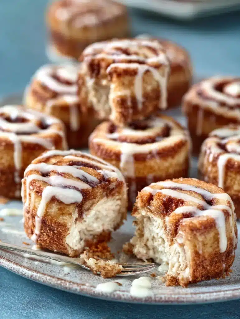 Cinnamon roll cheesecake bites drizzled with glaze on a plate.