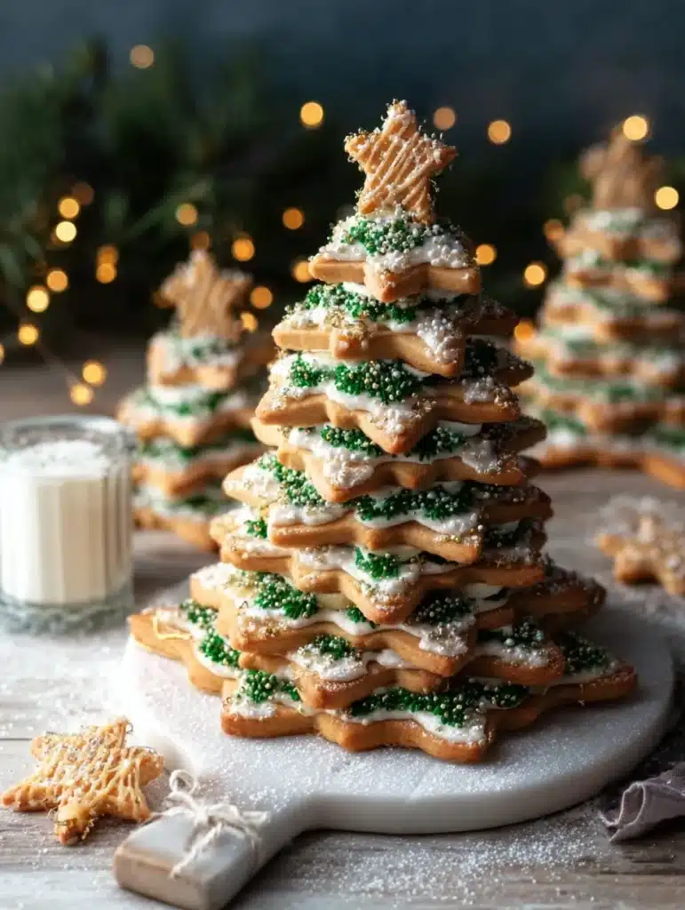 Cinnamon sugar cookie trees displayed on a holiday dessert table.