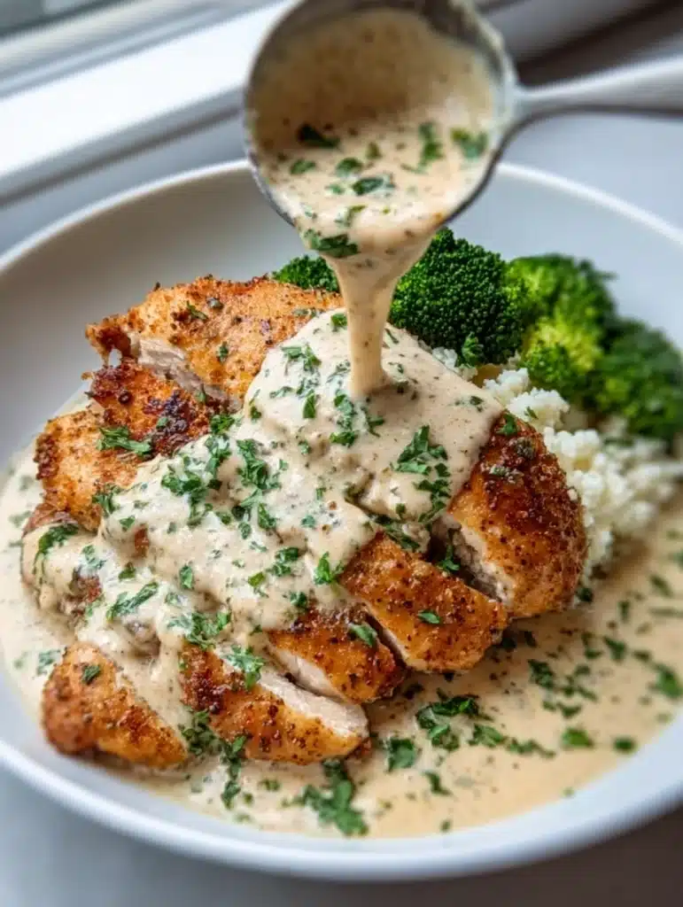 Creamy garlic parmesan chicken served with broccoli and cauliflower rice