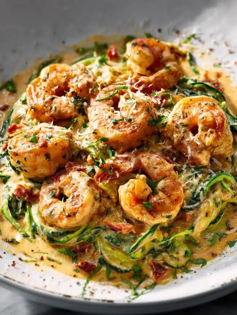 Creamy Tuscan shrimp served in bowl with spinach and basil garnish