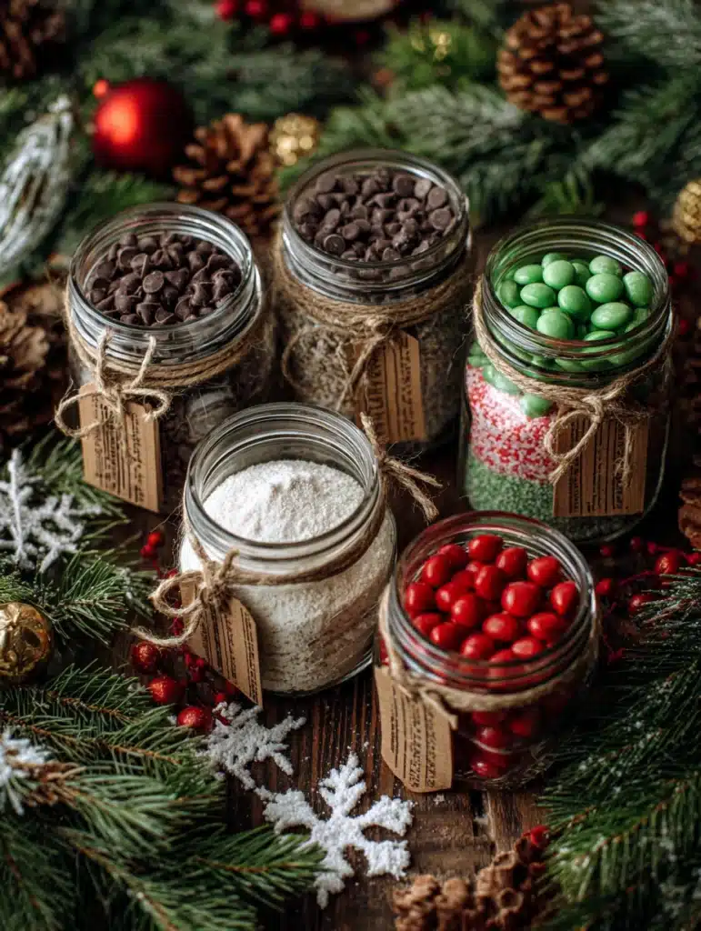 Festive cookie mix jars displayed with baked cookies