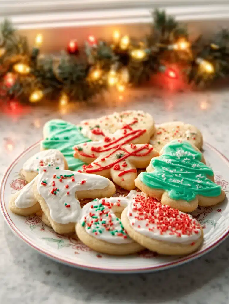 Fluffy Christmas sugar cookies decorated with colorful icing and sprinkles.