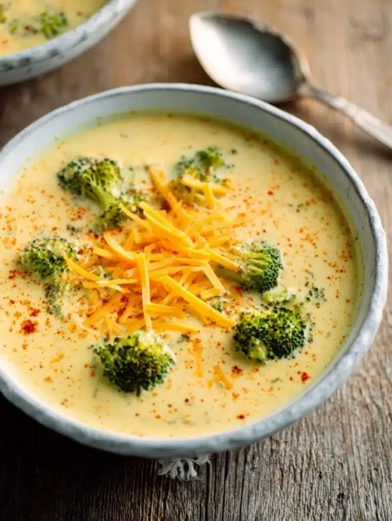 Bowl of keto broccoli cheddar soup topped with cheese and bacon garnish
