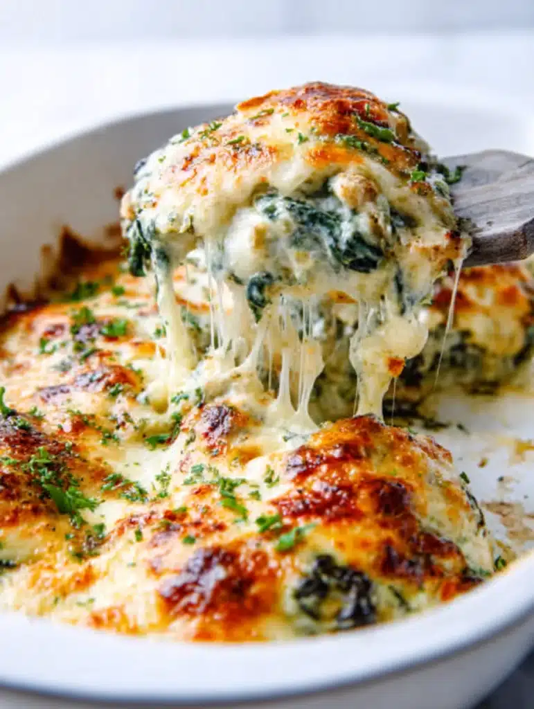 Serving keto chicken casserole with spinach and cheese on plate