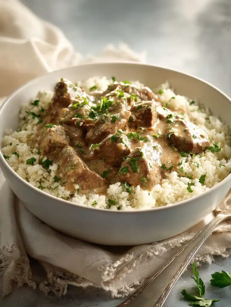 Low carb beef stroganoff served over cauliflower rice