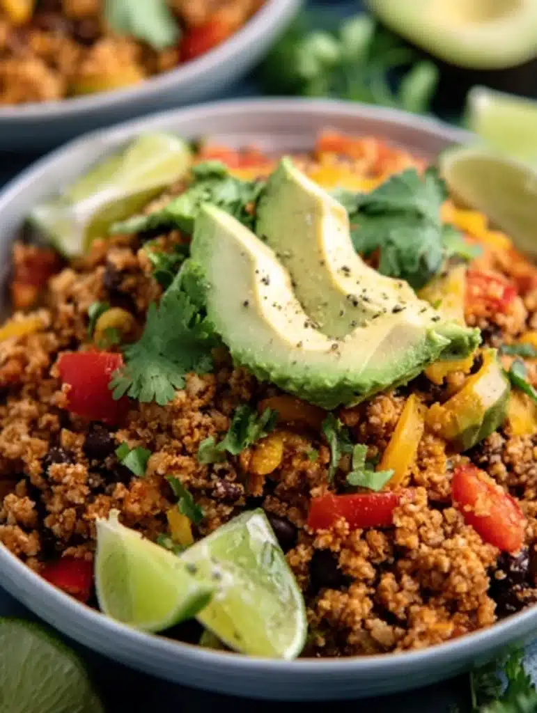 Recipe card for low carb Mexican cauliflower rice bowl