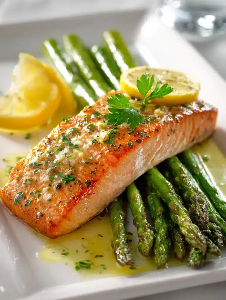 Plated lemon garlic salmon with roasted asparagus and lemon wedge