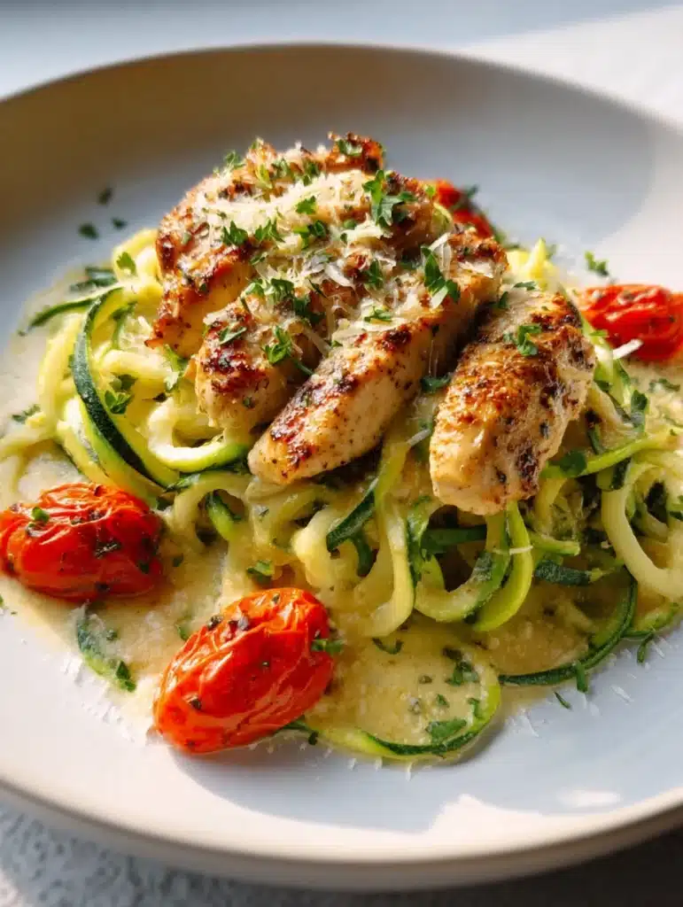 Zucchini noodle alfredo with chicken served with roasted tomatoes