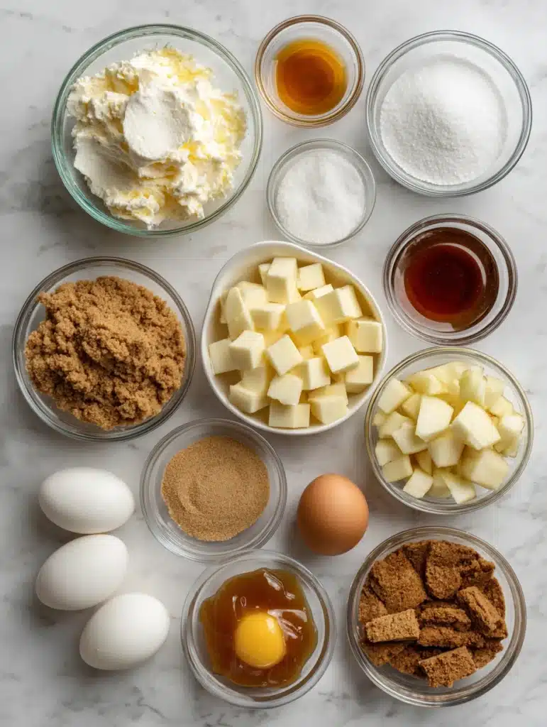 Ingredients for apple cinnamon cheesecake cups – cream cheese, apples, cinnamon, caramel