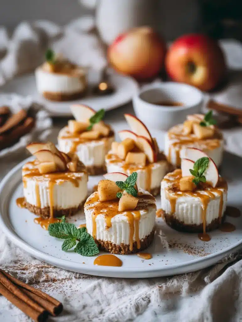 Apple cinnamon cheesecake cups served with caramel drizzle and cinnamon